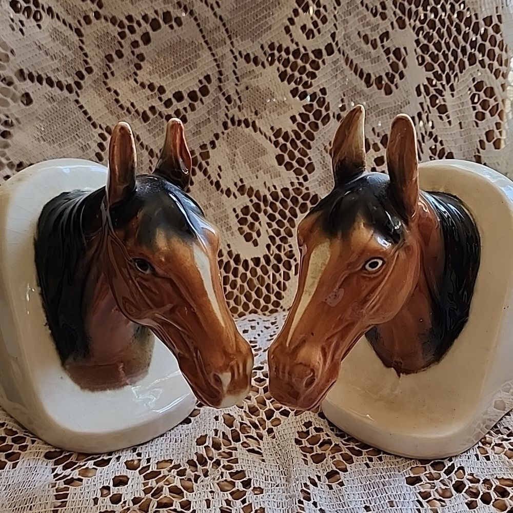 Vintage Glossy Glazed Horse Bookends Ceramic